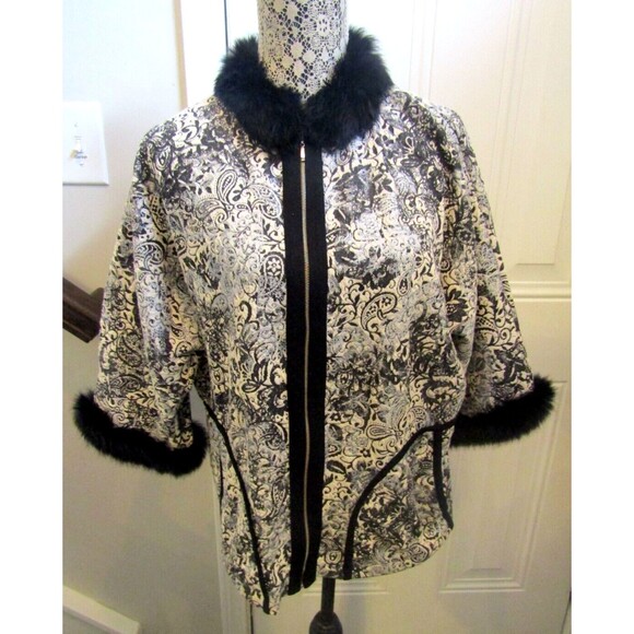Vintage 1960s Jacket Black Fur Trimmed Full Zip Paisley Floral Womens Size US L - Picture 2 of 7